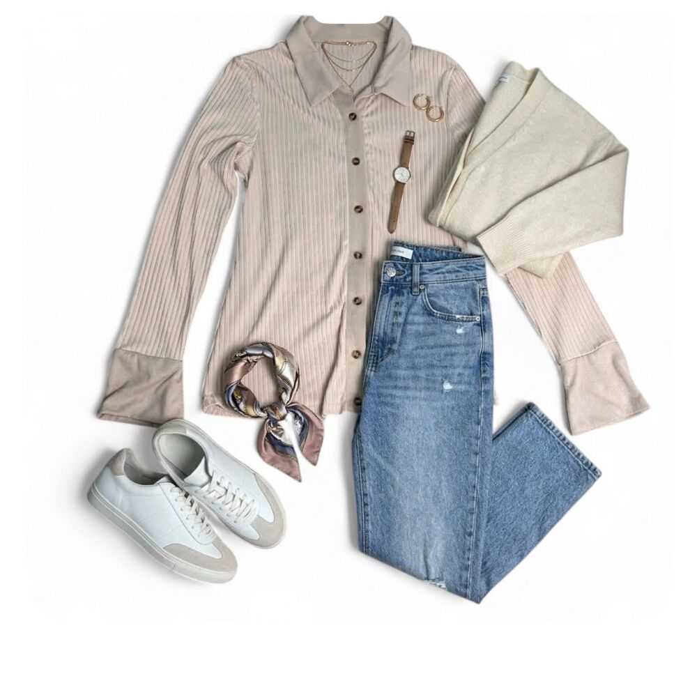 Cream Ribbed Button Up Top Fitted Y2K Flare Cuff Coquette Blouse